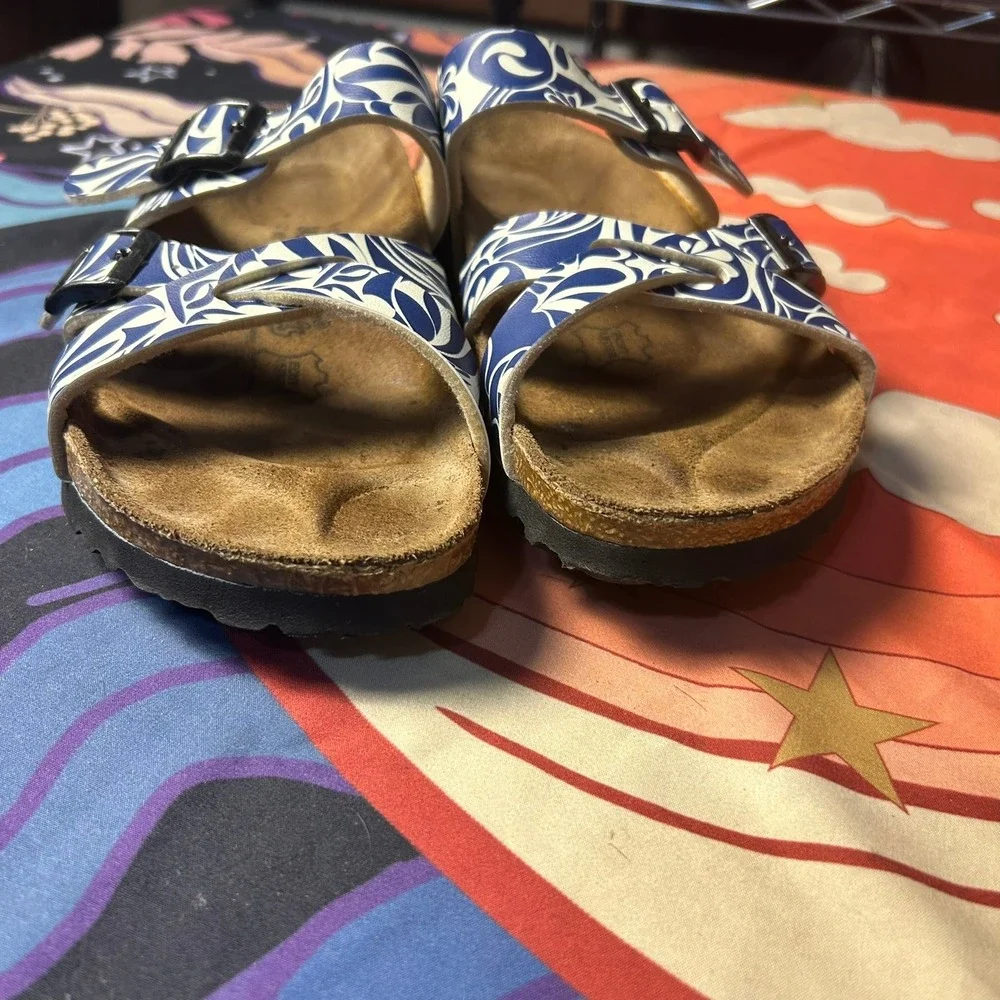Birkis by Birkenstock Salina Blue White Floral Sandals Womens 7.5 EU 38 Comfort